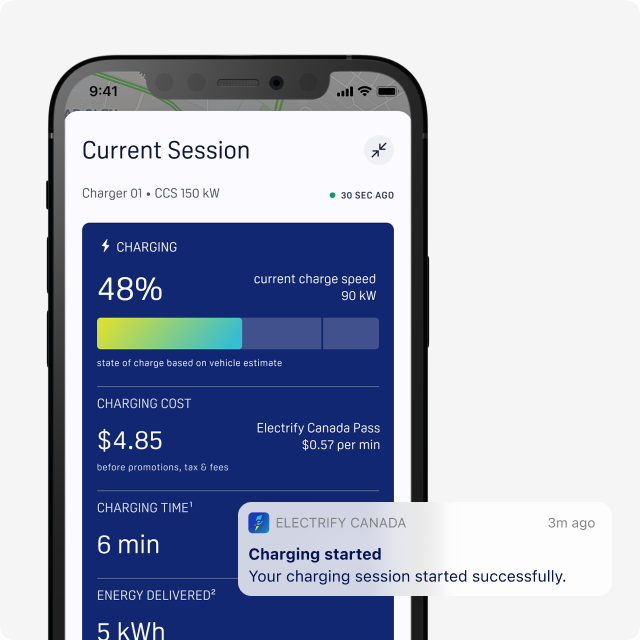Track your progress on the mobile app. The current session on the mobile app displays percentage charged, charging cost, charging time, and energy delivered